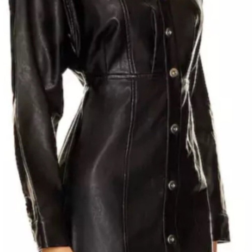 Free People Amber Vegan Black Faux Leather Long Sleeve Mini Dress Size 2